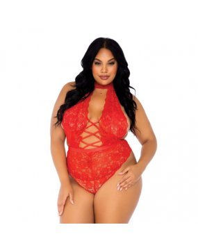 Leg Avenue Floral Lace Crotchless Teddy Red UK 18 to 22