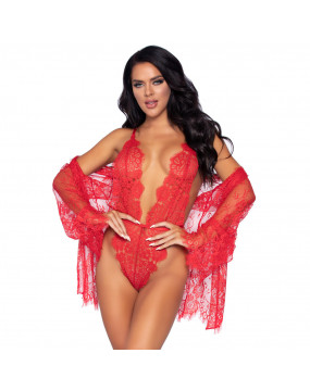 Leg Avenue Floral Lace Teddy and Robe Red