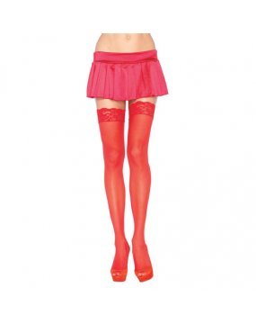 Leg Avenue Sheer Thigh Highs With Lace Tops Red  UK 8 to 14
