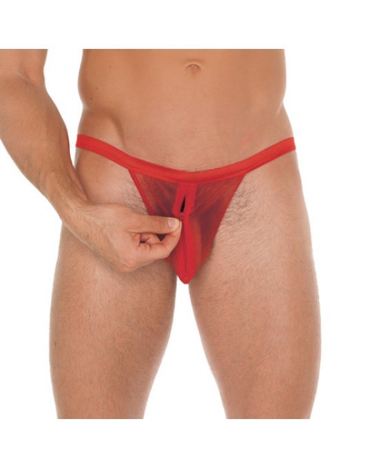 Mens Red Mesh GString With Zipper